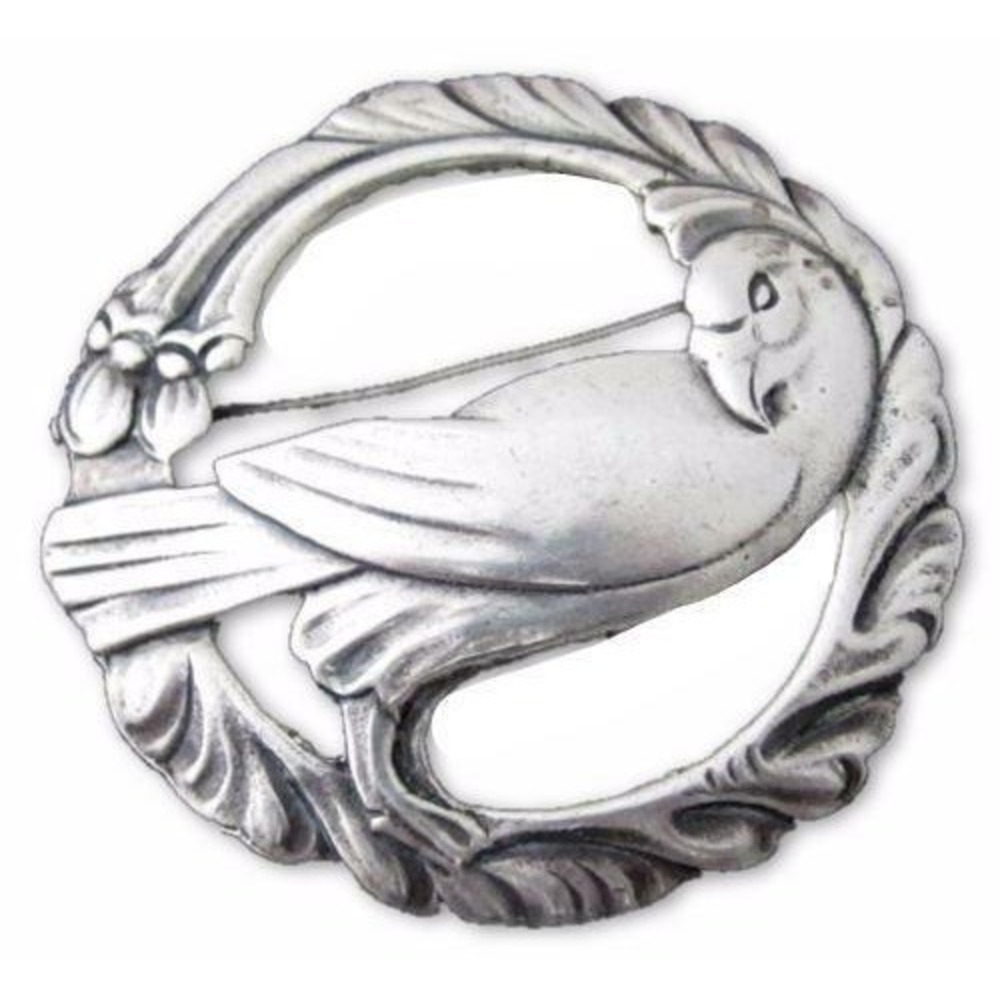Vintage Large Art Nouveau Style Bird In Floral Wreath Sterling Silver Pin*24.9g